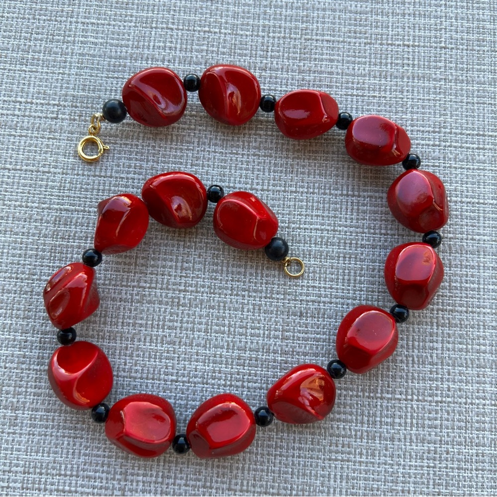 Red Bead Necklace with Black Spacer Accents